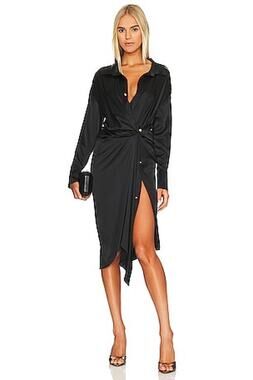 SER.O.YA TamarinTwist-Front Thigh Slit Silk Shirt Midi Dress in Black, Size Sm